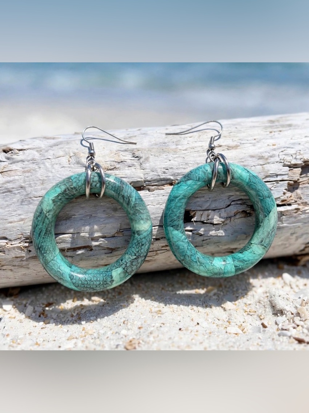 Teal Faux Snakeskin Resin Donut Hoop Earrings - Large Turquoise Statement Hoops
